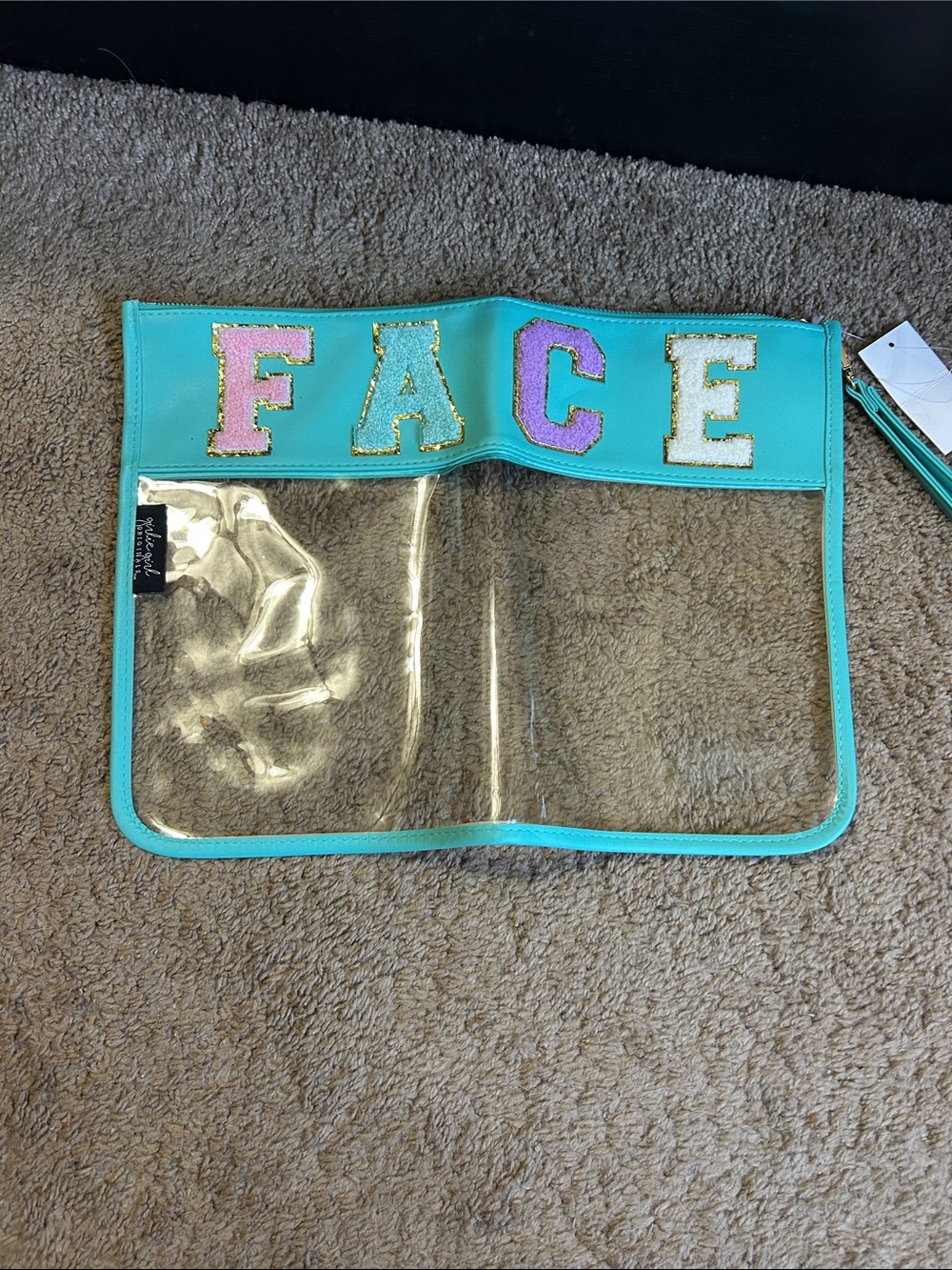 Clear Face Pouch - Turquoise with Pink & Purple Lettering